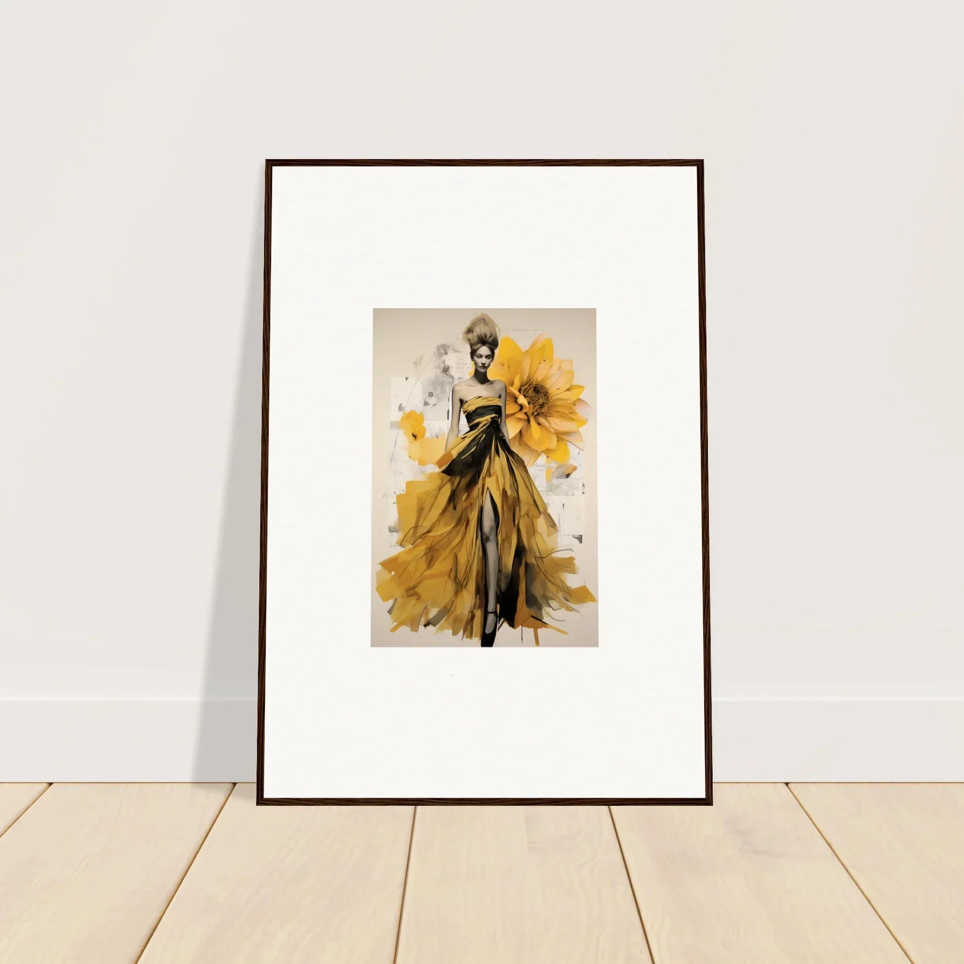 Framed watercolor fashion illustration of yellow gown from Emerald Petal Eclipse special edition