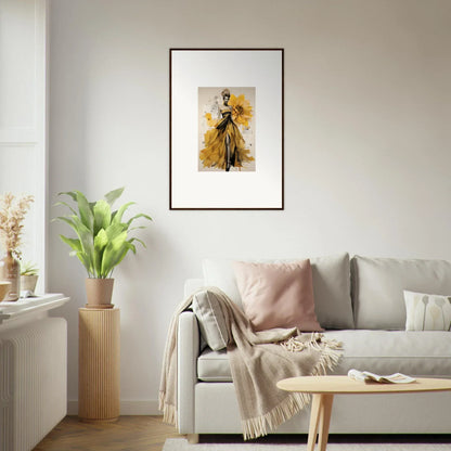 Framed fashion illustration of a yellow and black gown from Emerald Petal Eclipse