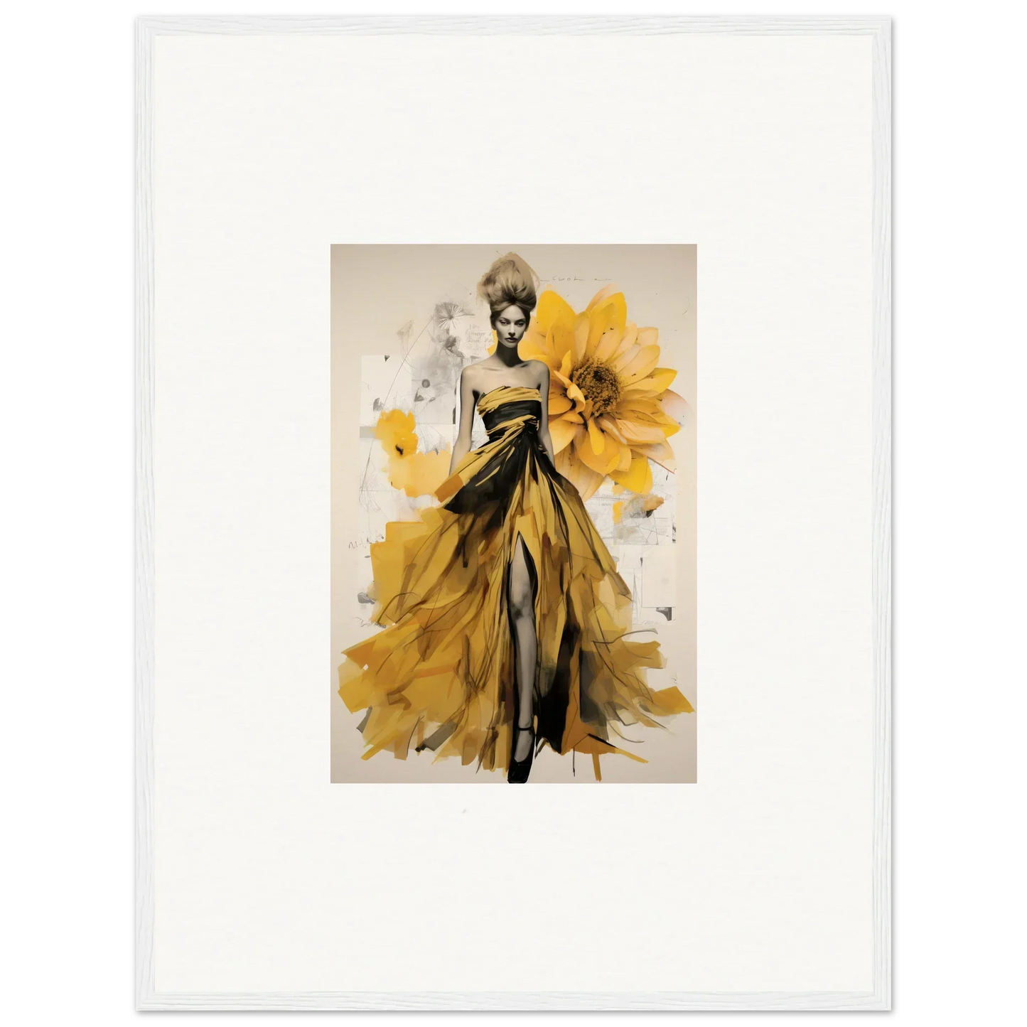 Fashion illustration of Emerald Petal Eclipse gown with sunflower accents