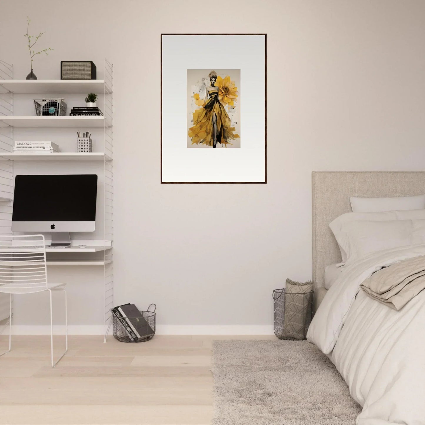 Framed fashion illustration of a stunning yellow and black gown from Emerald Petal Eclipse