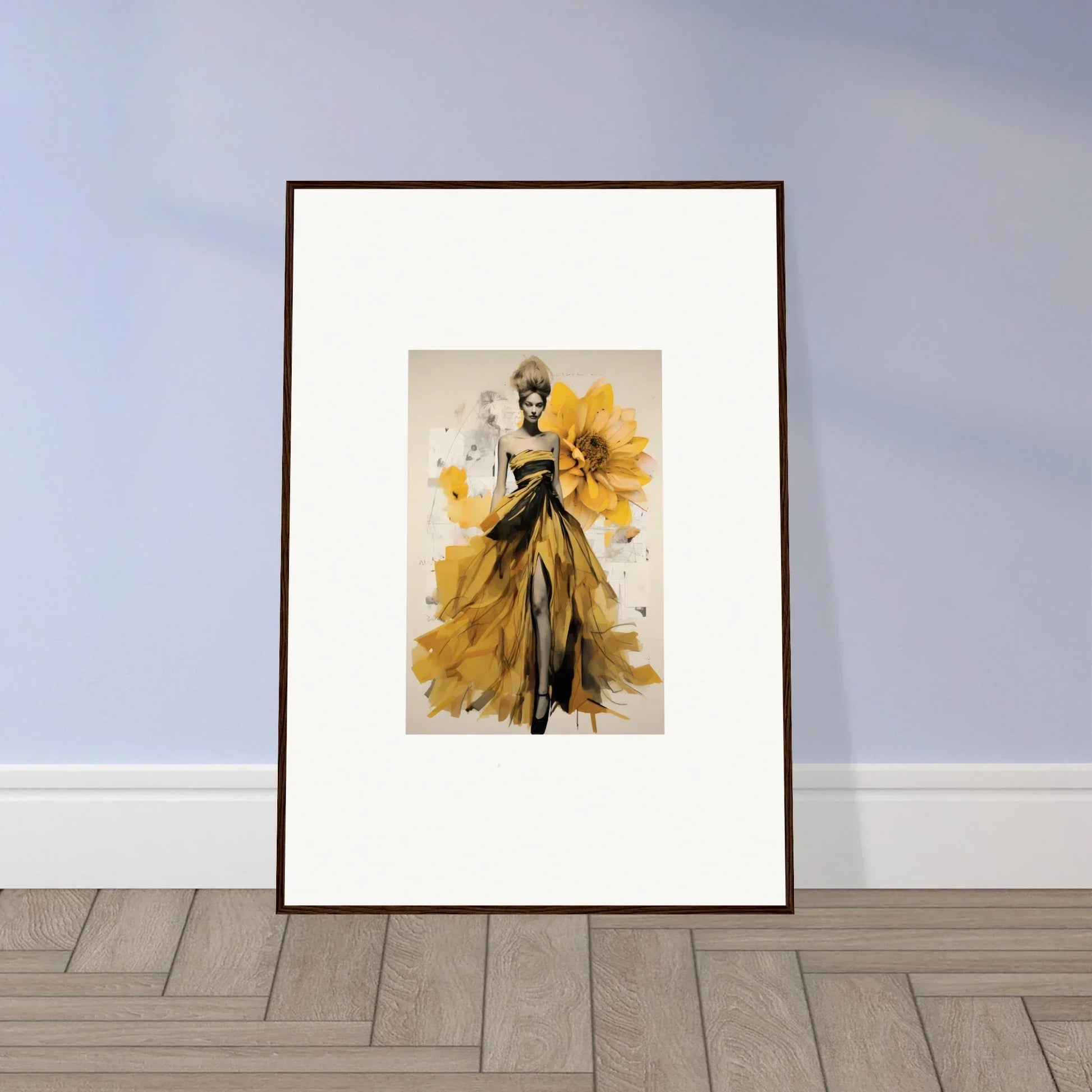 Framed fashion illustration of a flowing yellow dress in Emerald Petal Eclipse style