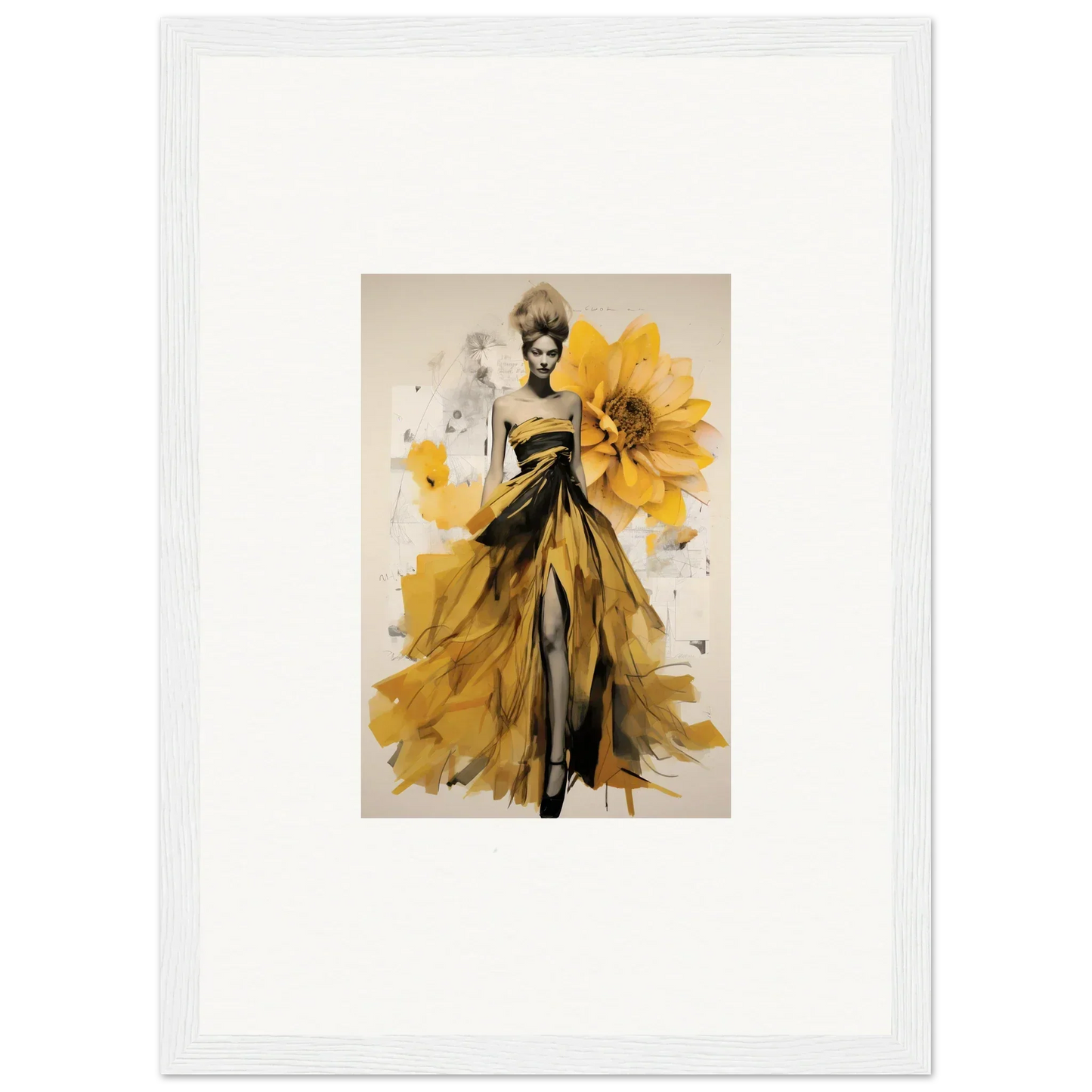 Fashion illustration of a yellow dress with sunflowers from Emerald Petal Eclipse