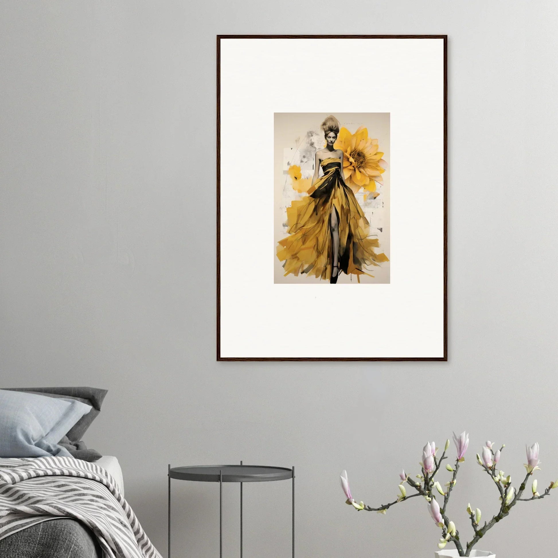 Framed fashion illustration of a yellow gown in Emerald Petal Eclipse design