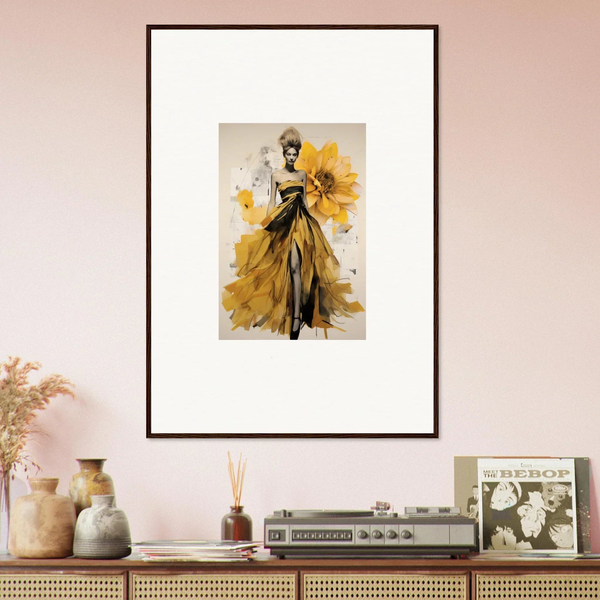 Framed fashion illustration of a figure in a yellow dress from Emerald Petal Eclipse