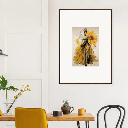 Framed fashion illustration of an elegant evening gown in golden tones for Emerald Petal Eclipse