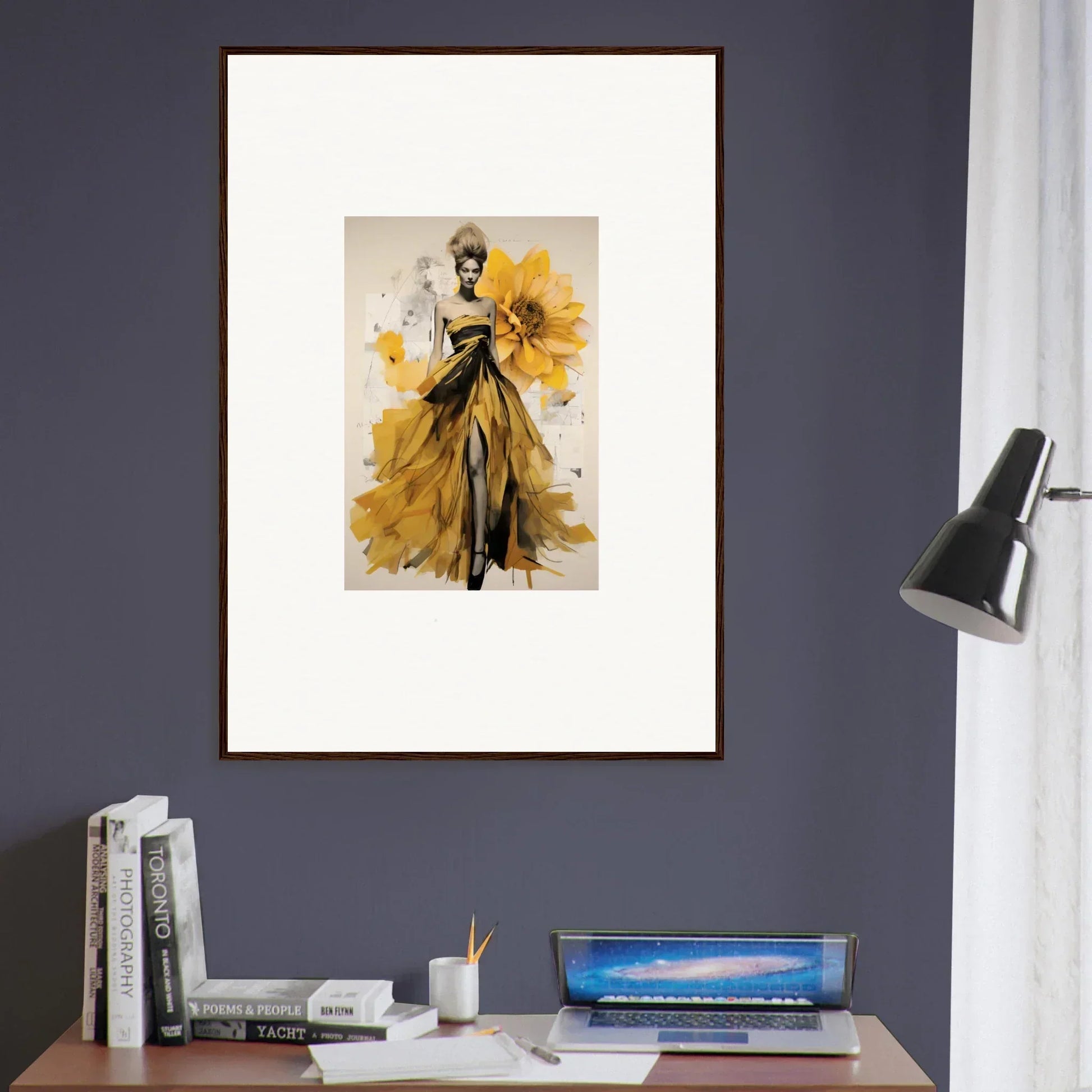 Fashion illustration of a figure in a yellow gown for Emerald Petal Eclipse art