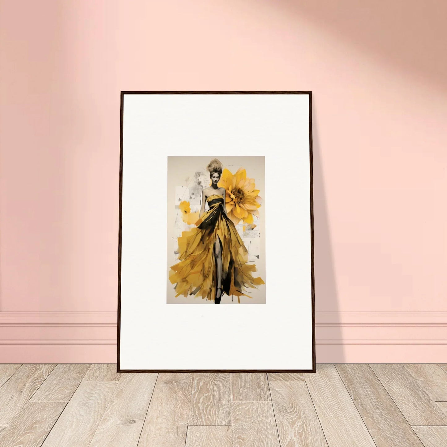 Framed fashion illustration of a yellow evening gown from Emerald Petal Eclipse