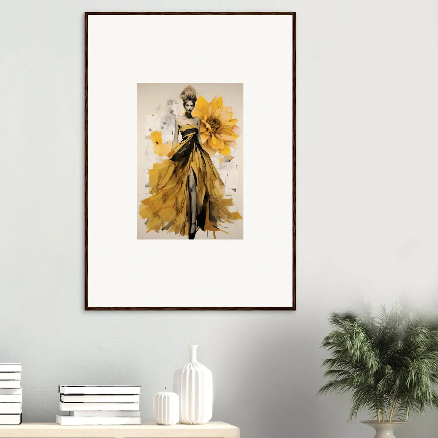 Framed fashion illustration of yellow gown with sunflowers in Emerald Petal Eclipse