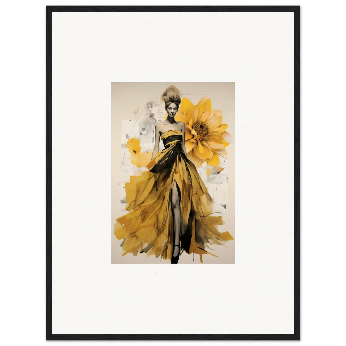 Fashion illustration of a yellow gown with sunflowers for Emerald Petal Eclipse