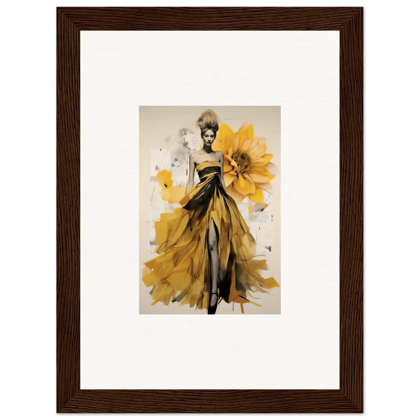 Fashion illustration of a flowing yellow gown with sunflower motifs from Emerald Petal Eclipse