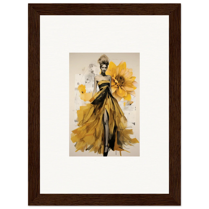 Fashion illustration of a flowing yellow gown with sunflower motifs from Emerald Petal Eclipse