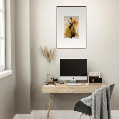 Minimalist wooden desk with iMac and framed artwork from Emerald Petal Eclipse