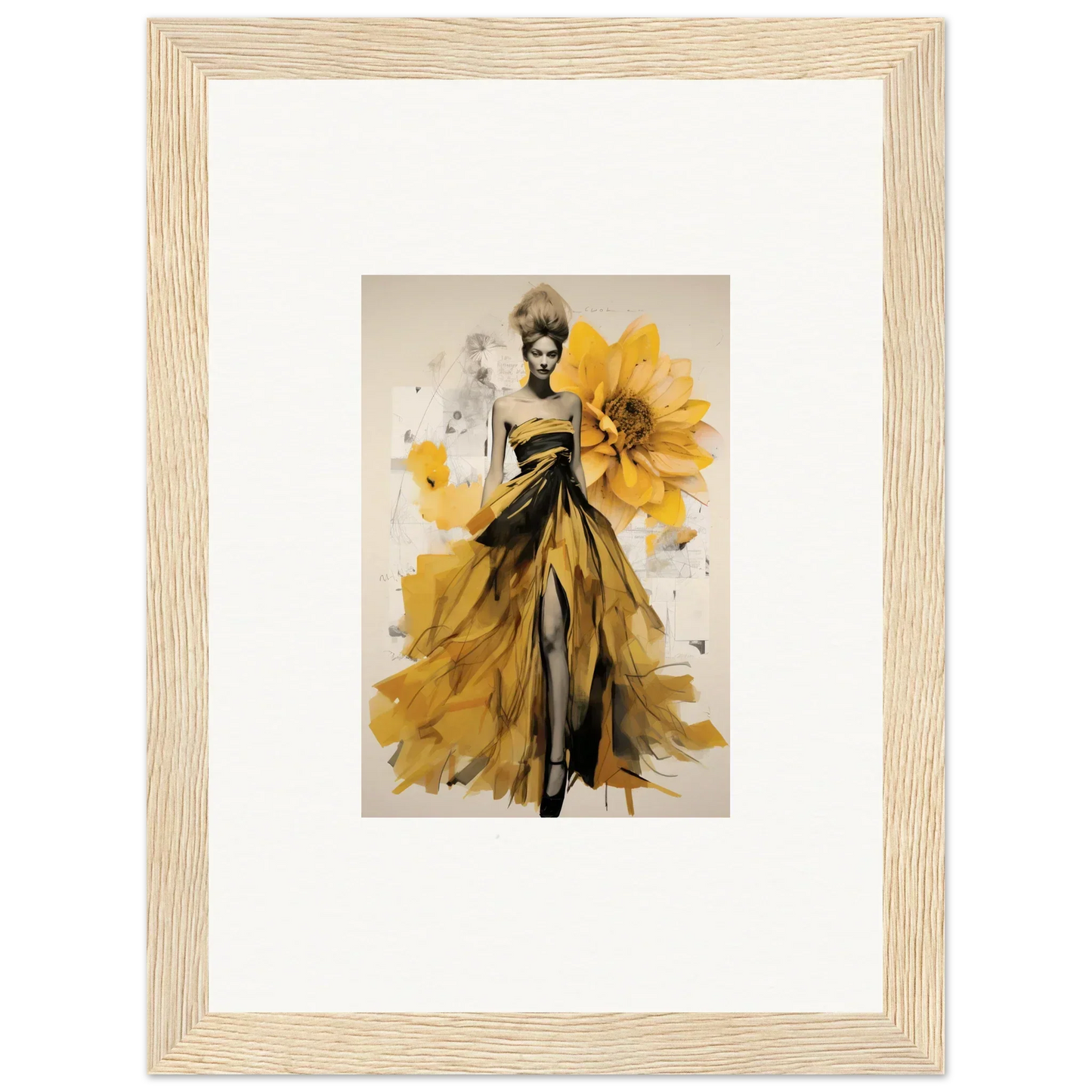 Fashion illustration of a yellow sunflower dress from Emerald Petal Eclipse special edition art™