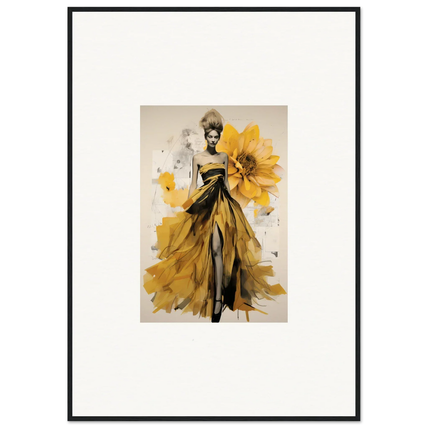 Fashion illustration of a yellow gown with sunflowers from Emerald Petal Eclipse