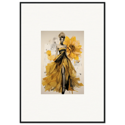 Fashion illustration of a yellow gown with sunflowers from Emerald Petal Eclipse