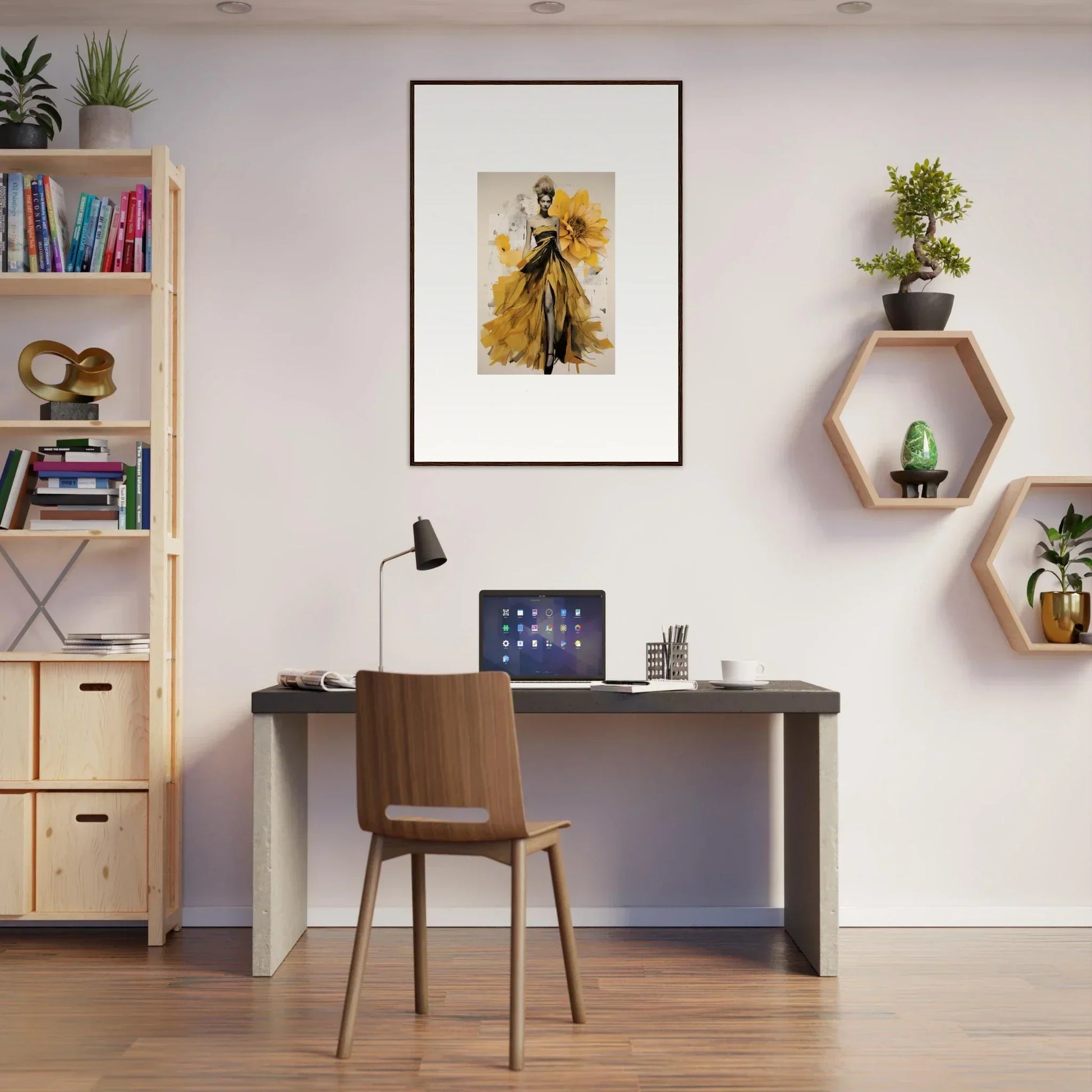 Modern home office with Emerald Petal Eclipse decor and stylish shelving