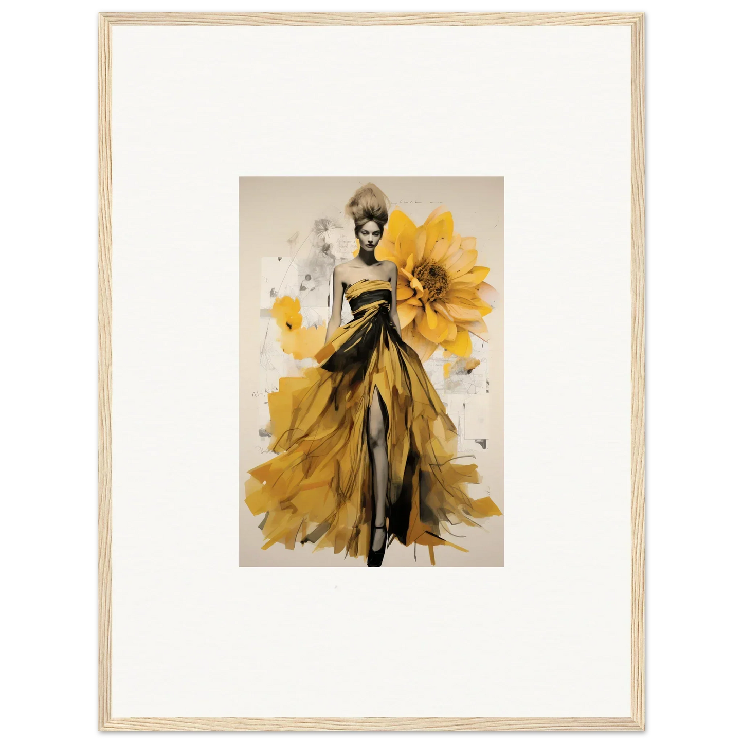 Fashion illustration of Emerald Petal Eclipse gown with sunflower motifs in bright yellow