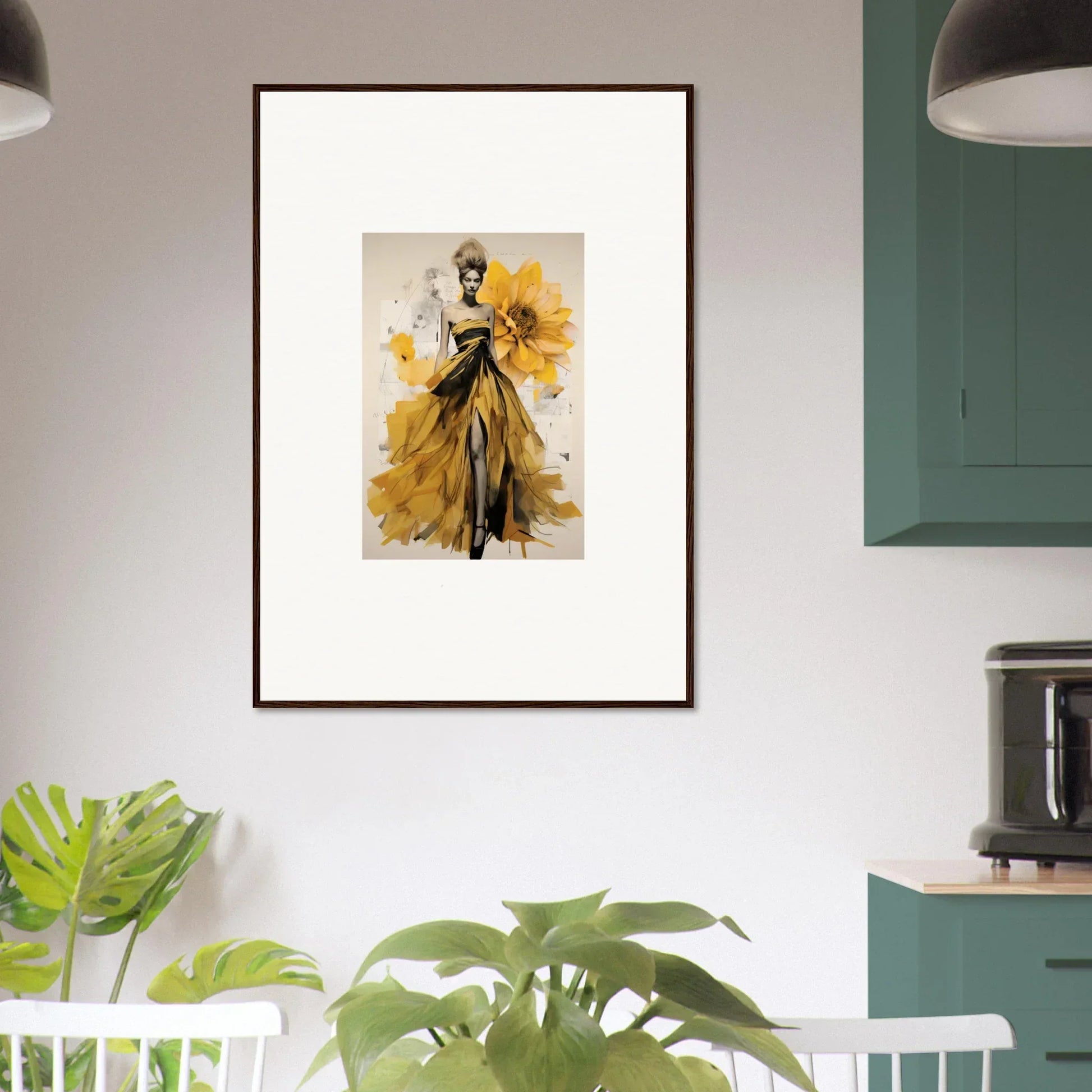 Framed fashion illustration of elegant dress with sunflower elements in Emerald Petal Eclipse