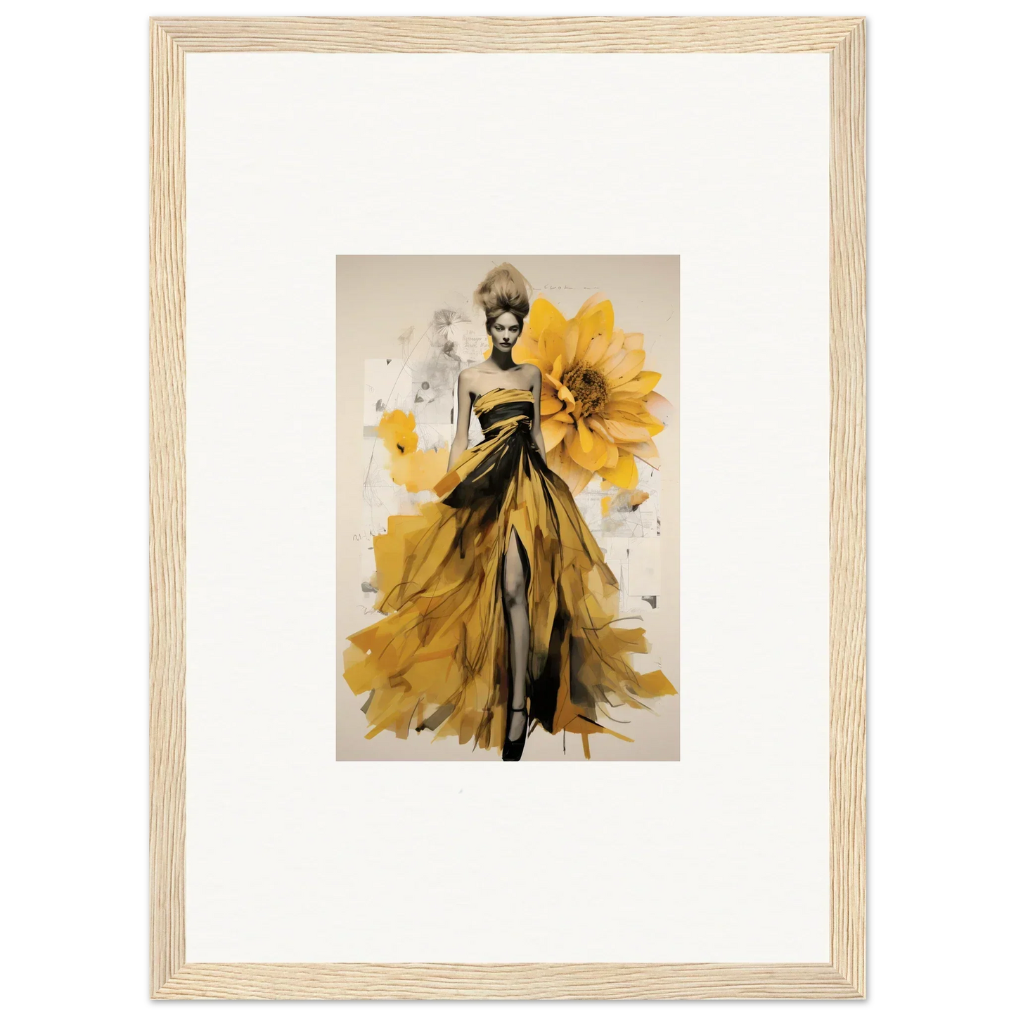 Fashion illustration of a sunflower gown from the Emerald Petal Eclipse collection