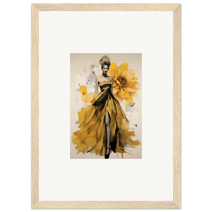 Fashion illustration of a sunflower gown from the Emerald Petal Eclipse collection