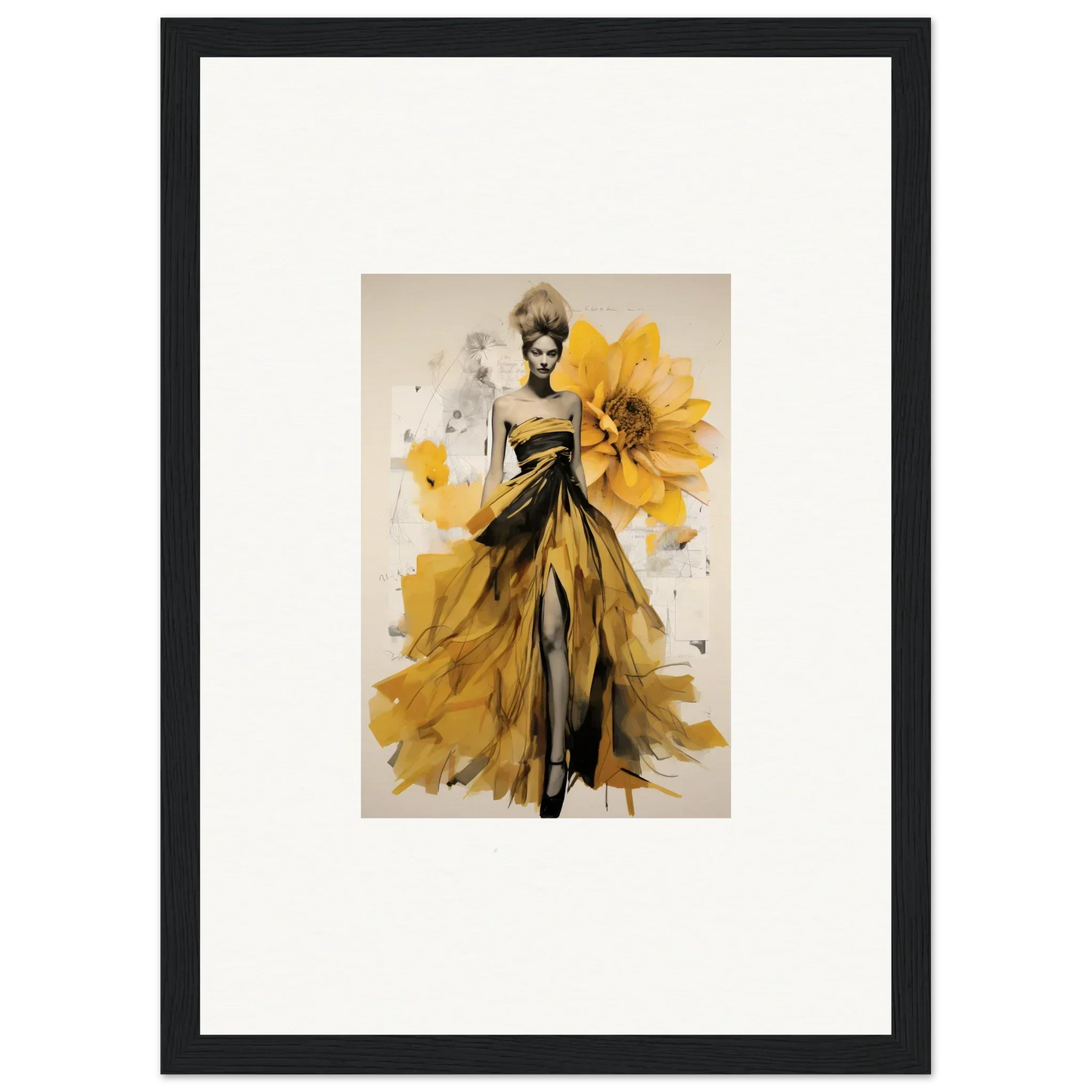 Fashion illustration of a yellow dress with sunflowers from Emerald Petal Eclipse