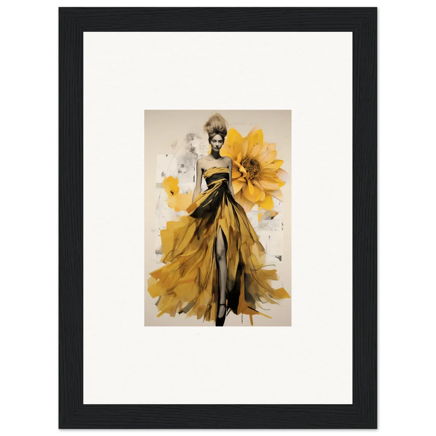 Fashion illustration of a yellow sunflower evening gown from Emerald Petal Eclipse