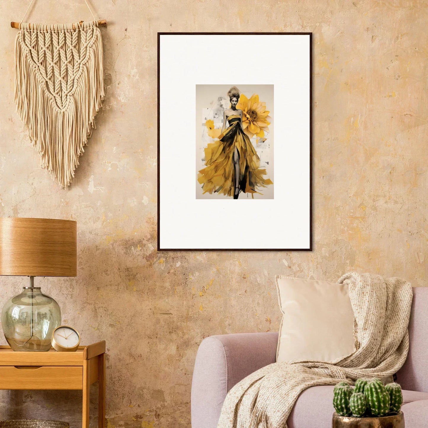 Framed fashion illustration of a yellow evening gown from Emerald Petal Eclipse