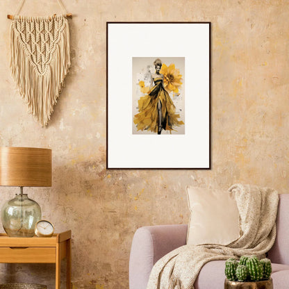 Framed fashion illustration of a yellow evening gown from Emerald Petal Eclipse