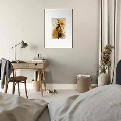 Framed fashion illustration in yellow and black from the Emerald Petal Eclipse collection