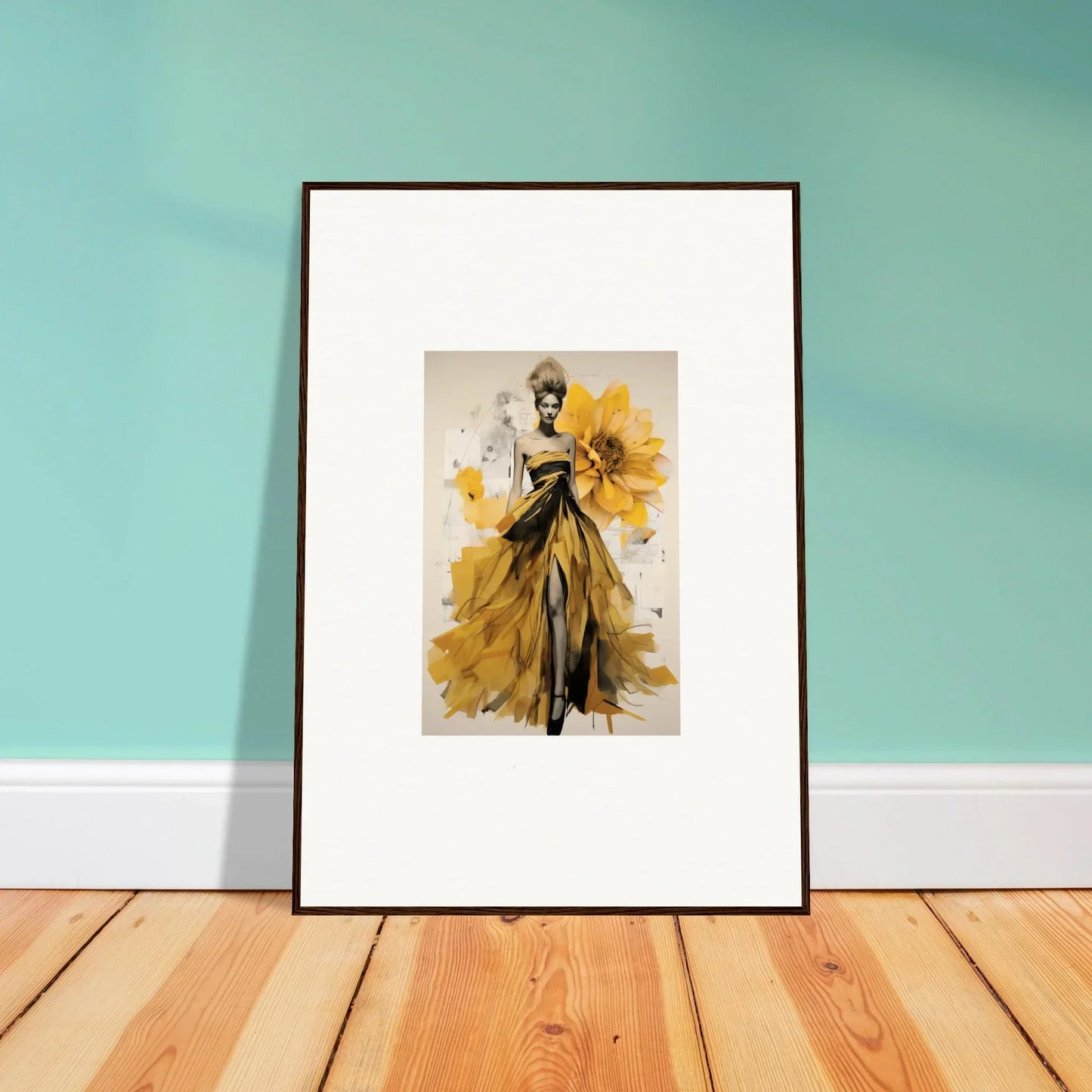 Framed fashion illustration of elegant yellow and black gown from Emerald Petal Eclipse