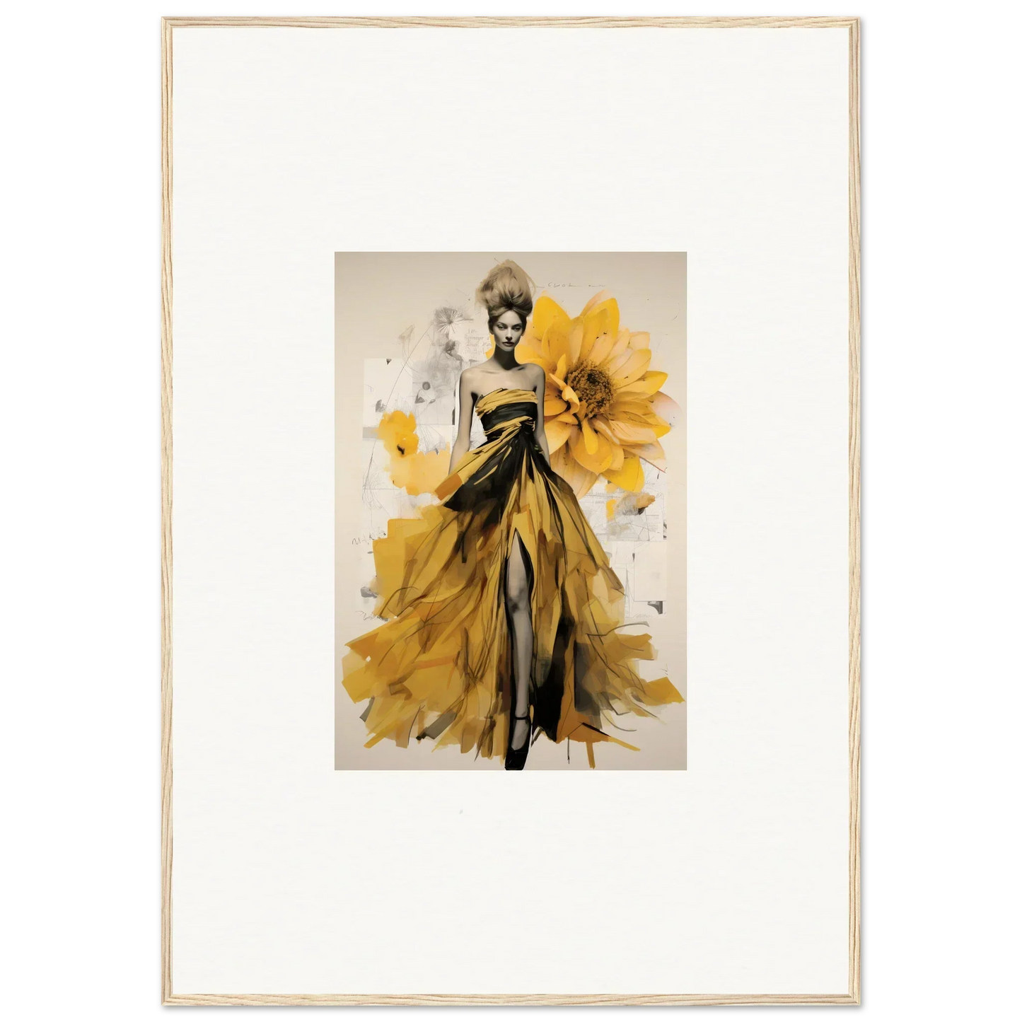 Fashion illustration of a yellow gown with sunflowers for Emerald Petal Eclipse