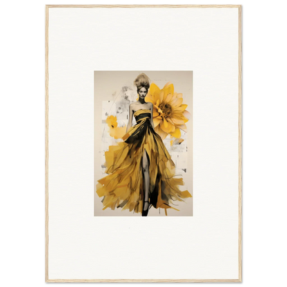 Fashion illustration of a yellow gown with sunflowers for Emerald Petal Eclipse