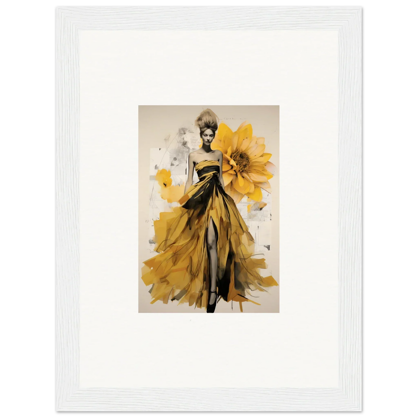 Fashion illustration of a yellow dress with sunflowers for Emerald Petal Eclipse