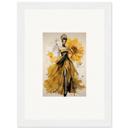 Fashion illustration of a yellow dress with sunflowers for Emerald Petal Eclipse