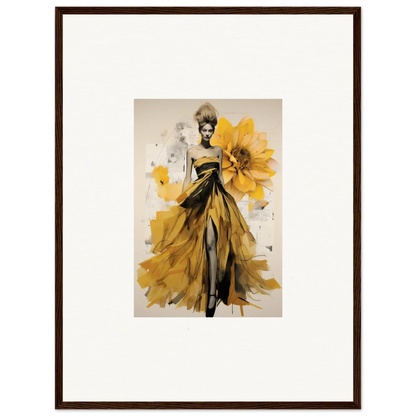 Fashion illustration of Emerald Petal Eclipse with a yellow gown and sunflower elements