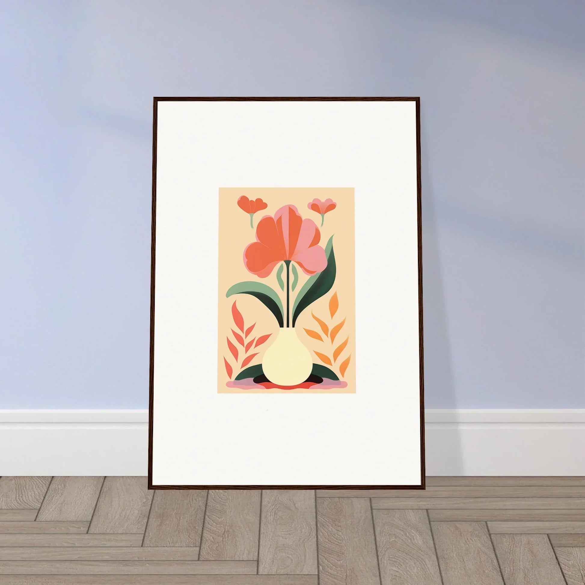 Framed wall art of a floral illustration showcasing bloom euphoria with red tulips