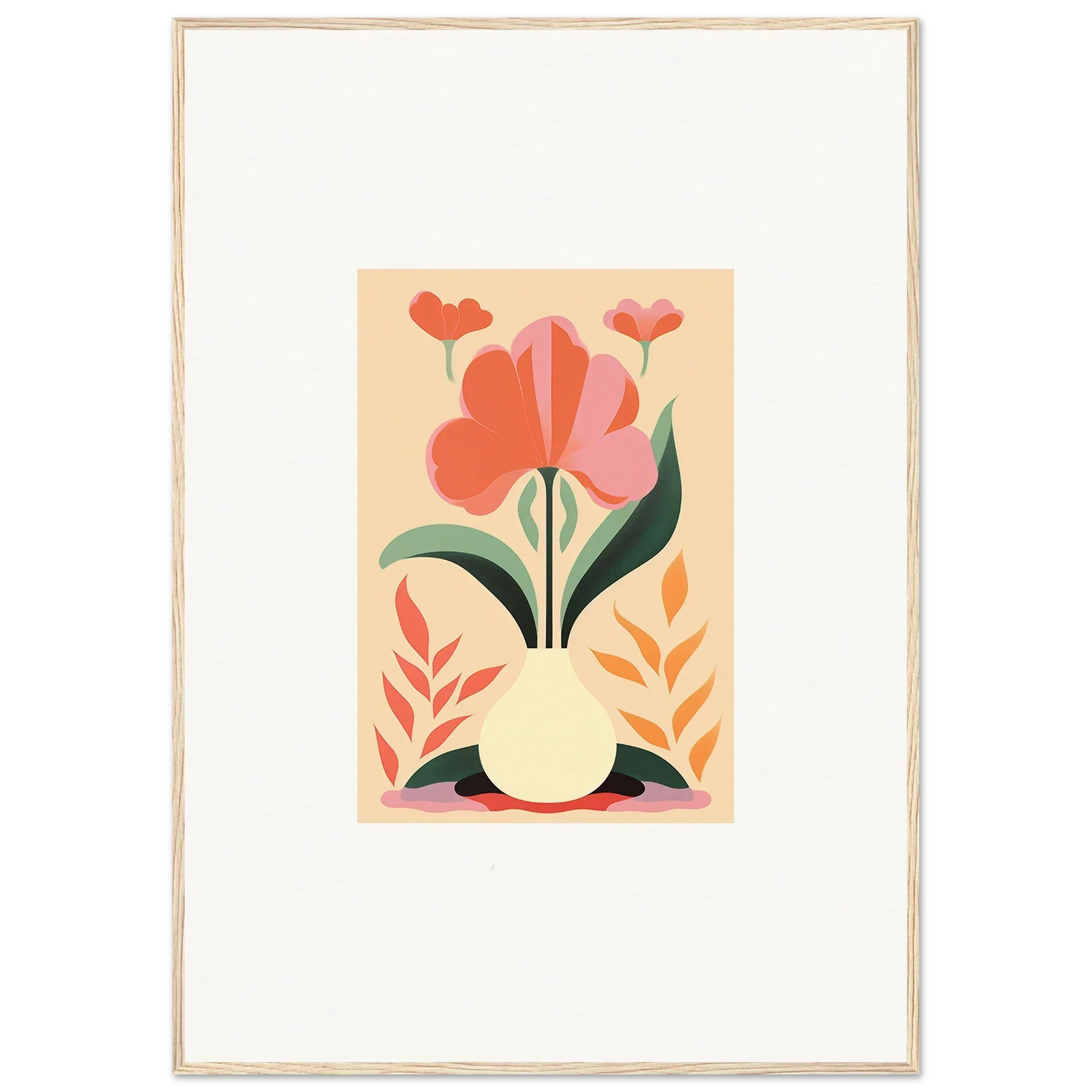 Stylized floral illustration of red and pink blooms in a vase for bloom euphoria room decor