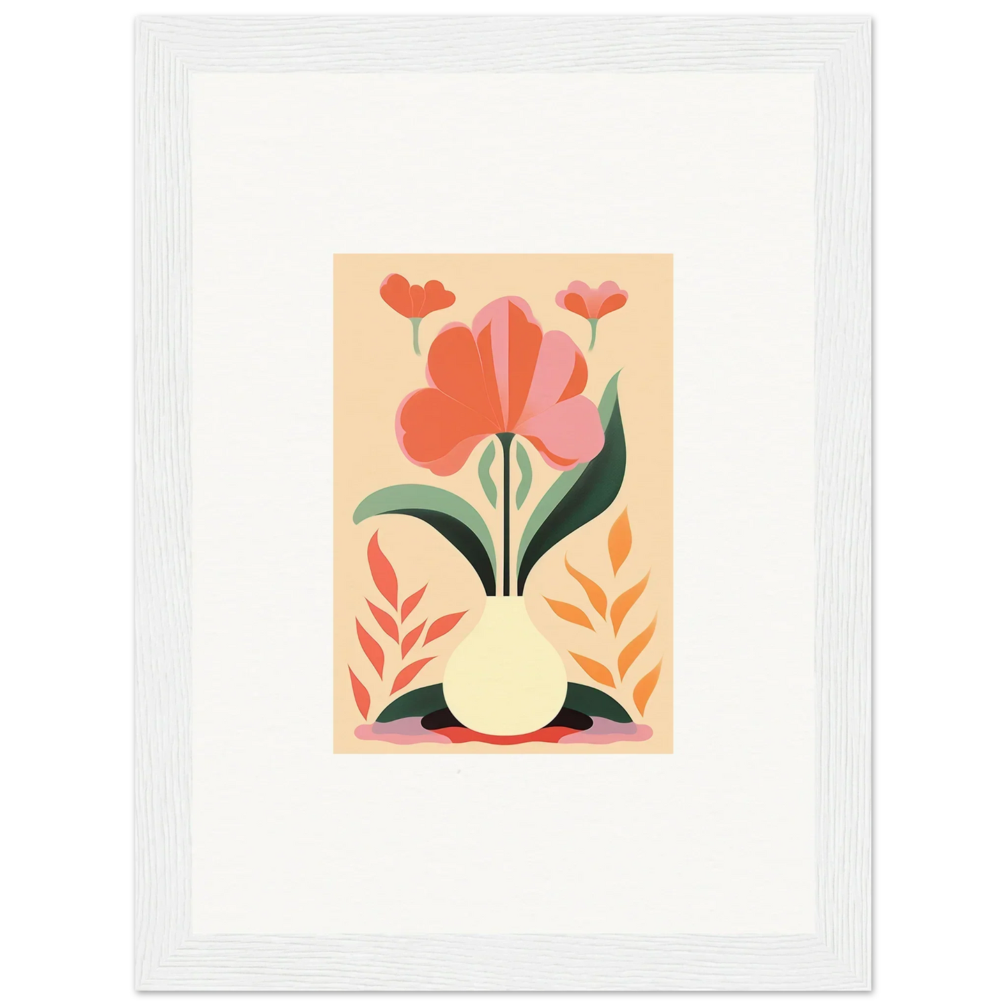 Stylized floral illustration of red and pink blooms in a yellow vase for Bloom Euphoria room decor