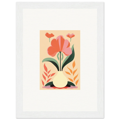 Stylized floral illustration of red and pink blooms in a yellow vase for Bloom Euphoria room decor