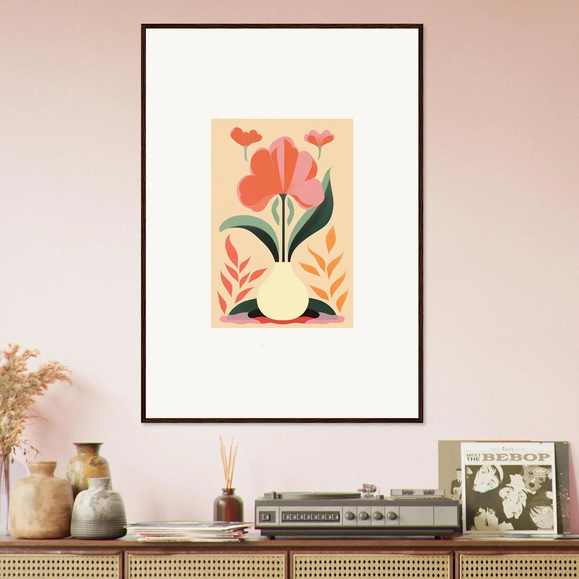 Framed wall art of red tulip flowers enhances bloom euphoria in stylish room decor