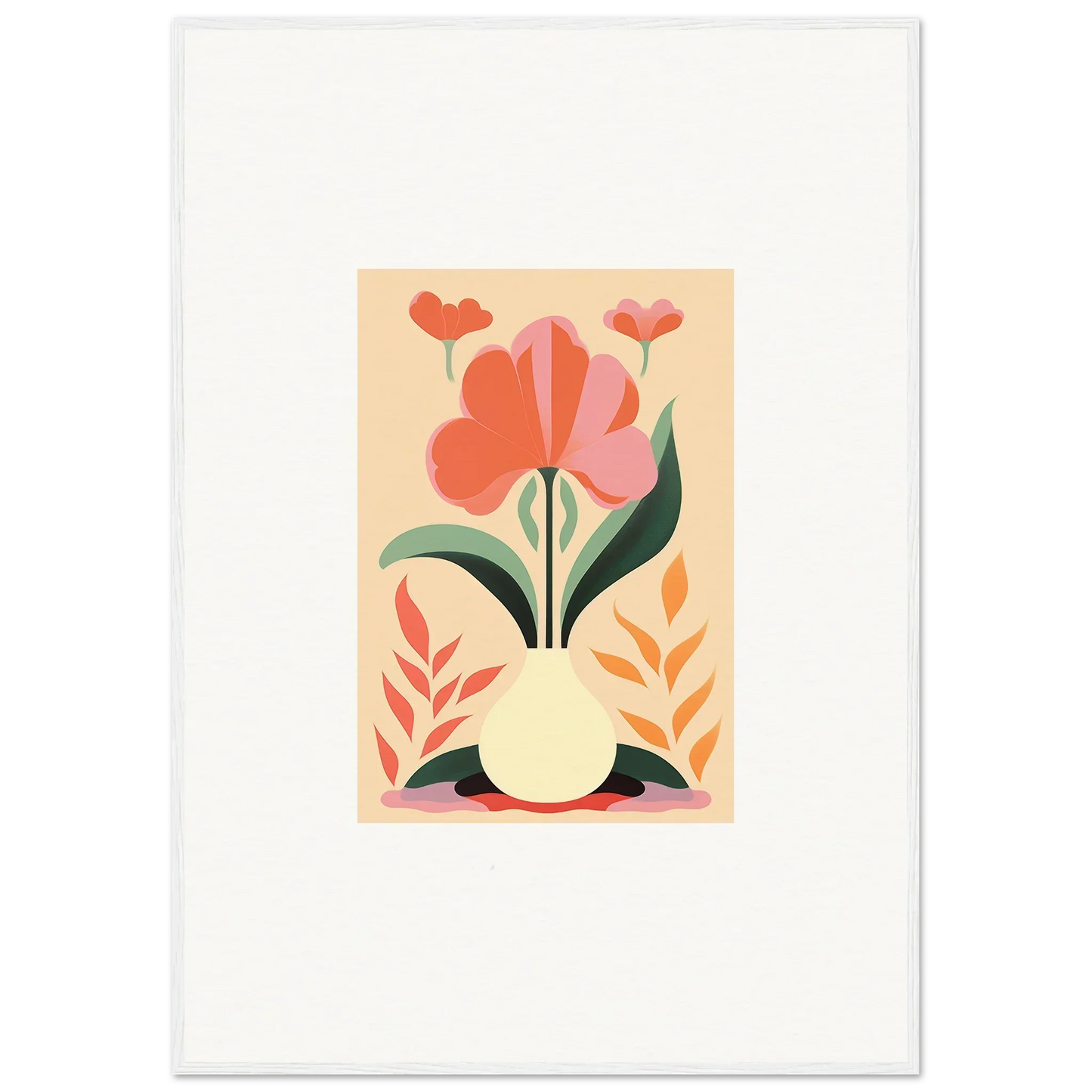 Stylized floral illustration of red and pink blooms in a yellow vase for Bloom Euphoria