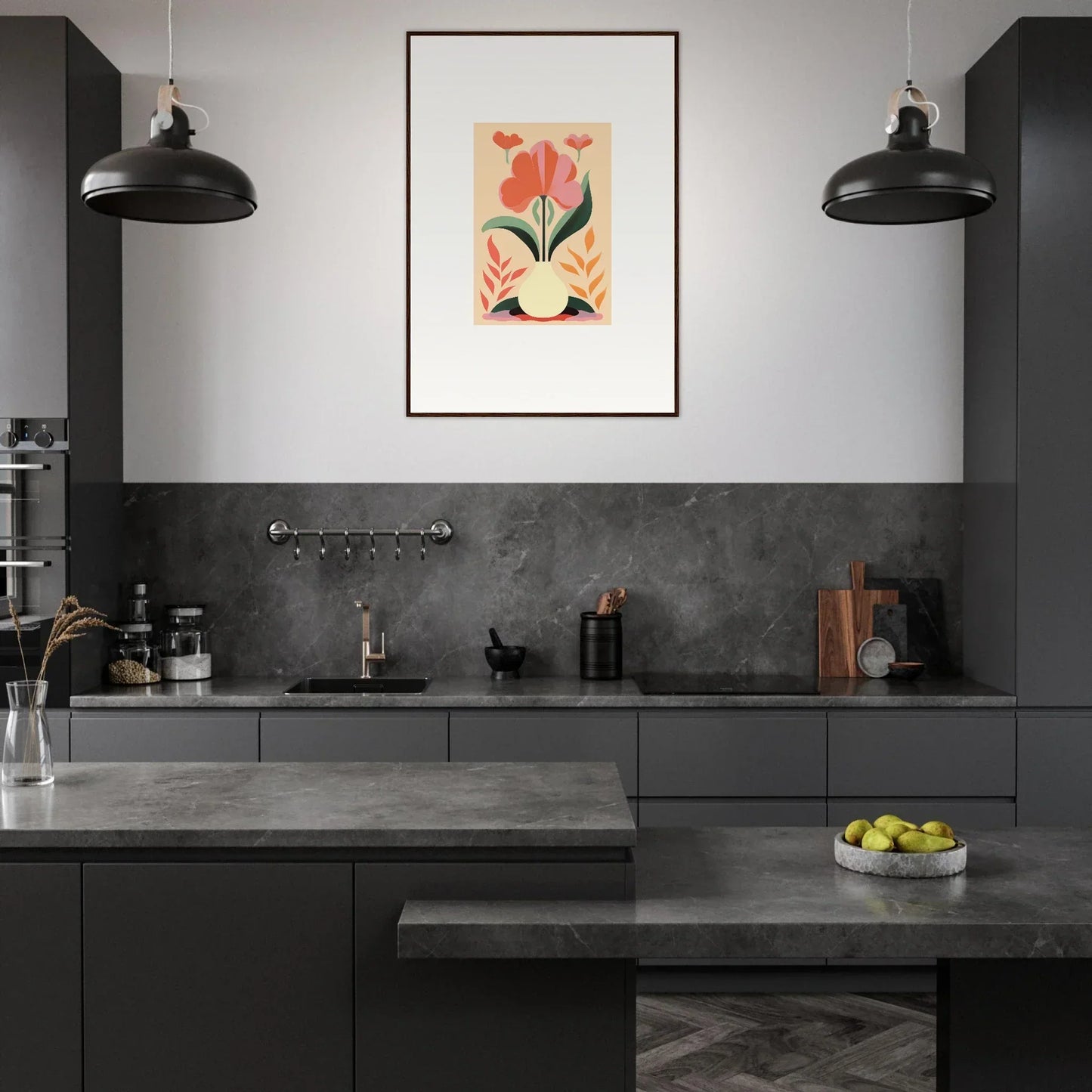 Modern kitchen with dark cabinetry and Bloom Euphoria floral framed wall art