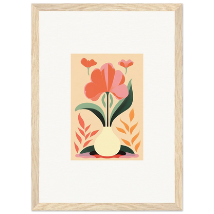 Framed wall art depicting bloom euphoria with stylized flowers and warm colors