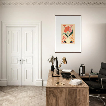 Wooden desk with typewriter and accessories in a minimalist workspace for Bloom Euphoria Room Decor