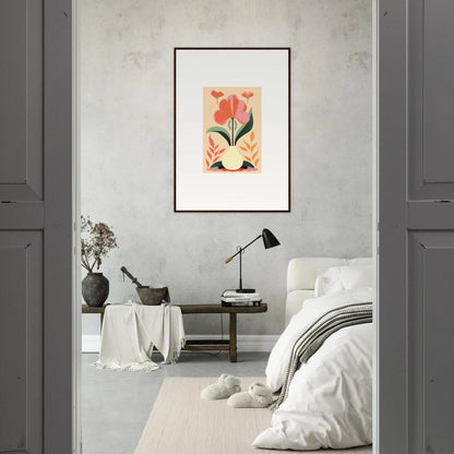 Framed wall art of a red tulip representing Bloom Euphoria for vibrant room decor