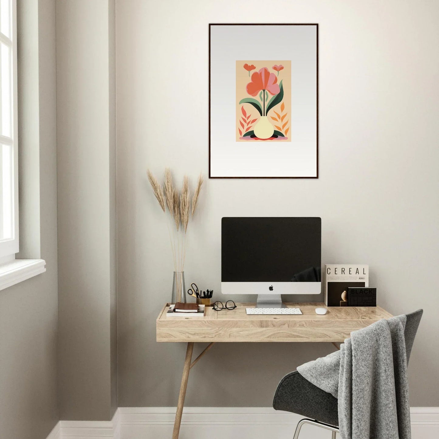 Minimalist home office with wooden desk, computer, and Bloom Euphoria wall art decor