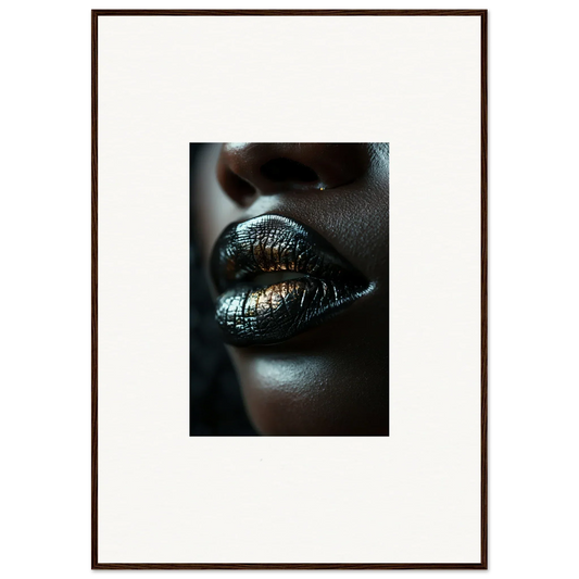 Lips adorned with shimmering metallic lipstick in Midnight Whispers product display