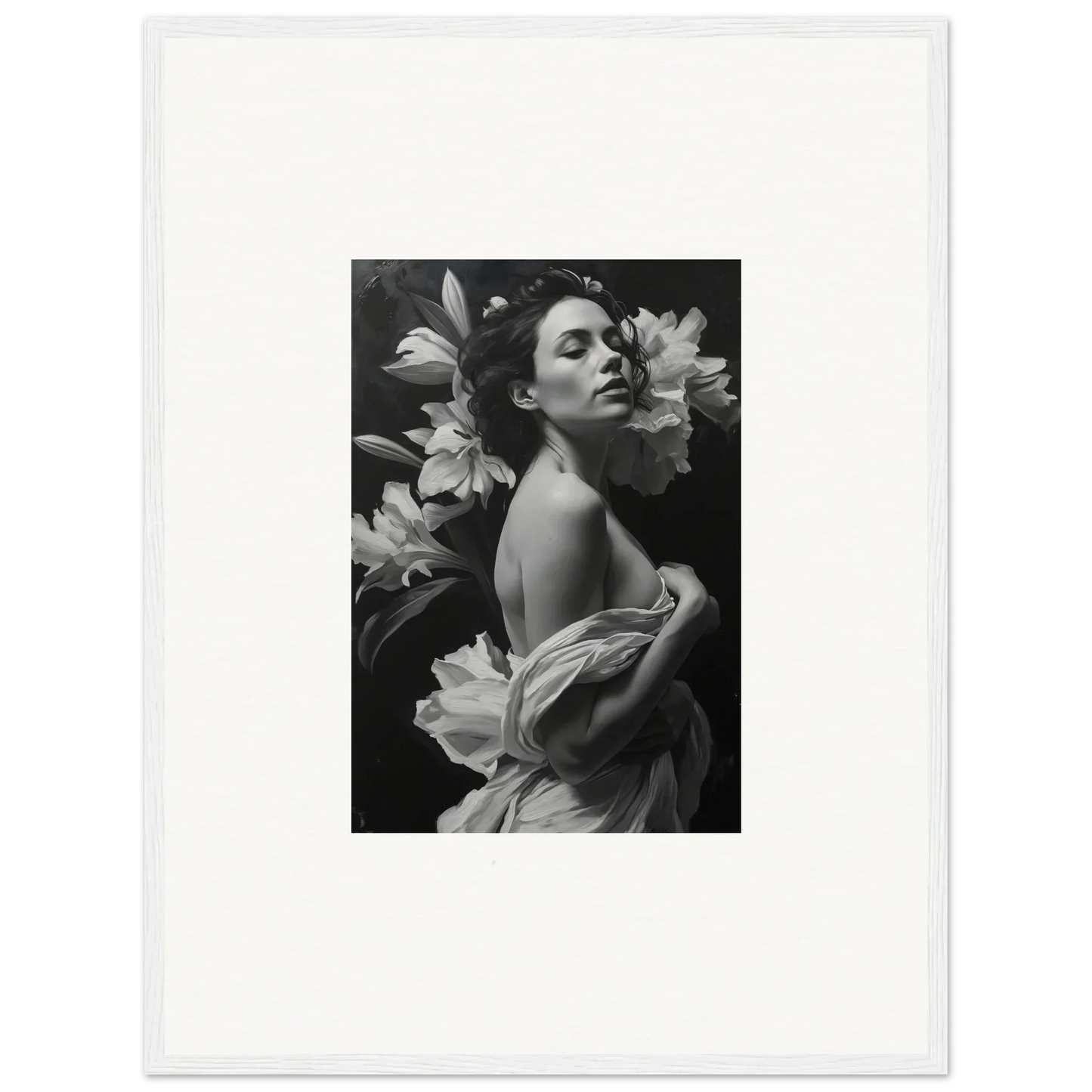 Black and white photograph of a woman with flowers for vineyard enigma wall art