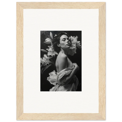 Black and white woman surrounded by lilies in framed wall art for Blooming Vineyard Enigma