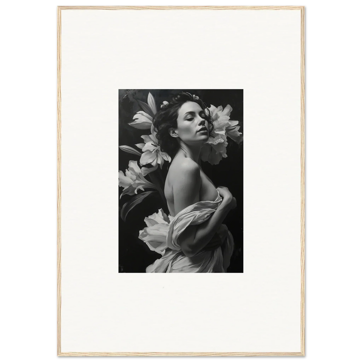 Black and white photo of a woman in large flowers for Vineyard Enigma framed wall art